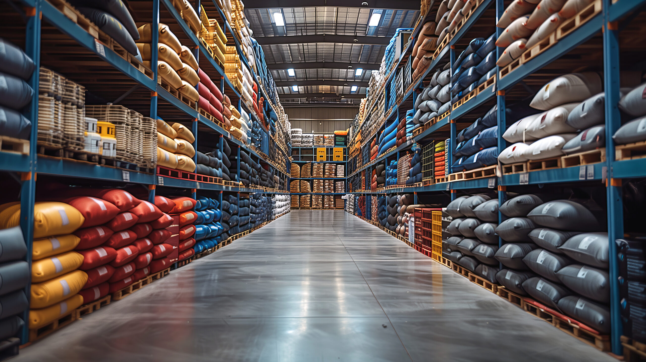 Passage between the shelves with stacks of construction materials for sale in a hardware store warehouse.